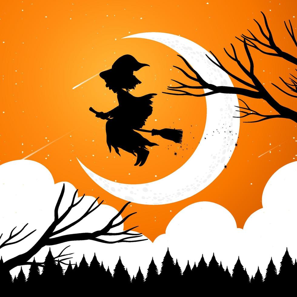 Halloween night background with witch silhouette vector