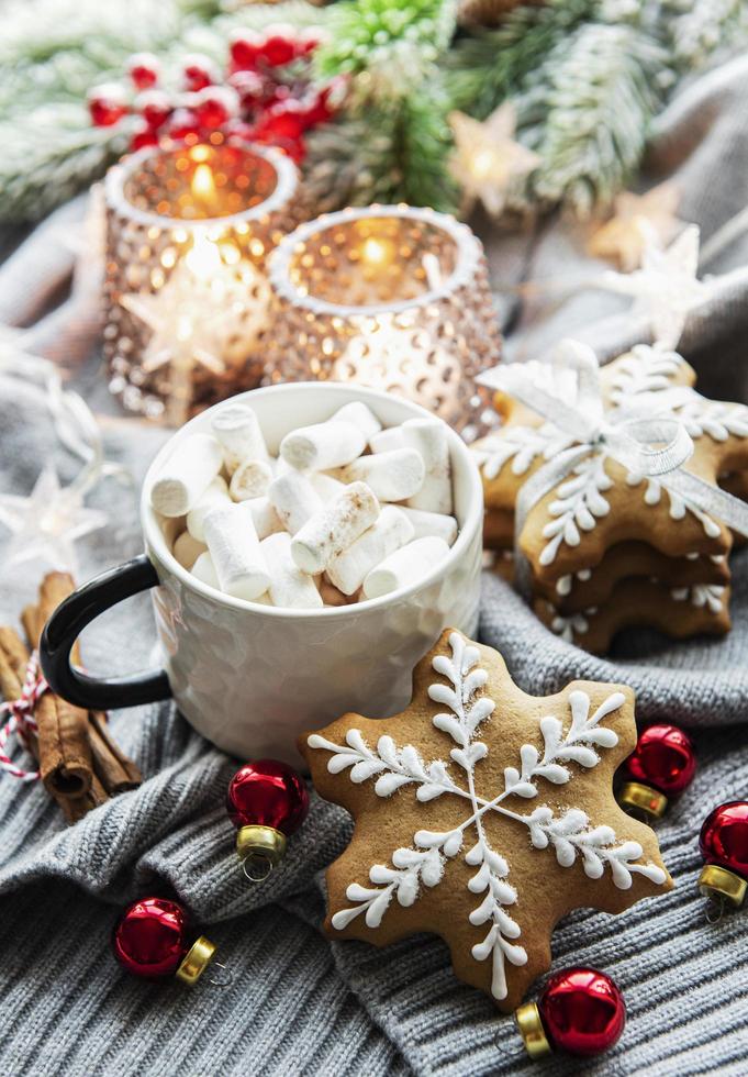 Christmas decorations,  cocoa and gingerbread cookies. photo