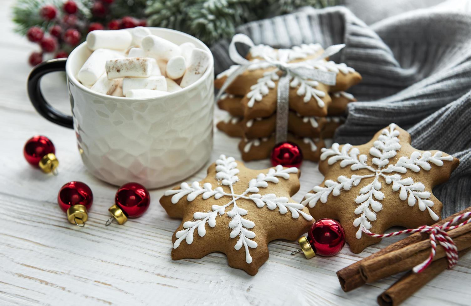 Christmas decorations,  cocoa and gingerbread cookies. photo