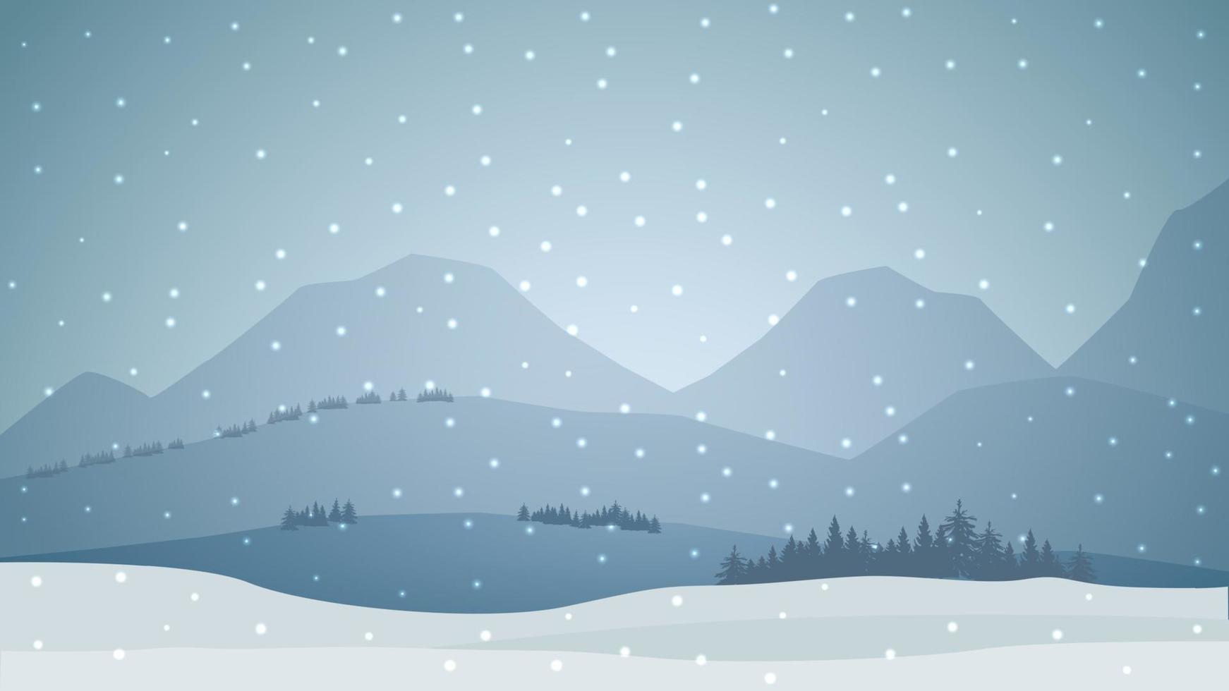 Winter landscape with the forest at the foot of the mountains and snow falling. Background for your arts vector