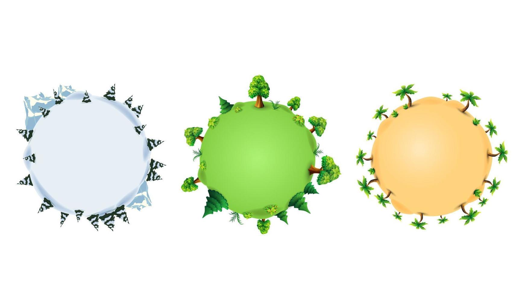 colección de ilustraciones con los planetas en diferentes épocas del año. planetas con árboles, pinos, palmeras y arbustos en estilo de dibujos animados. una plantilla vacía para tu creatividad vector