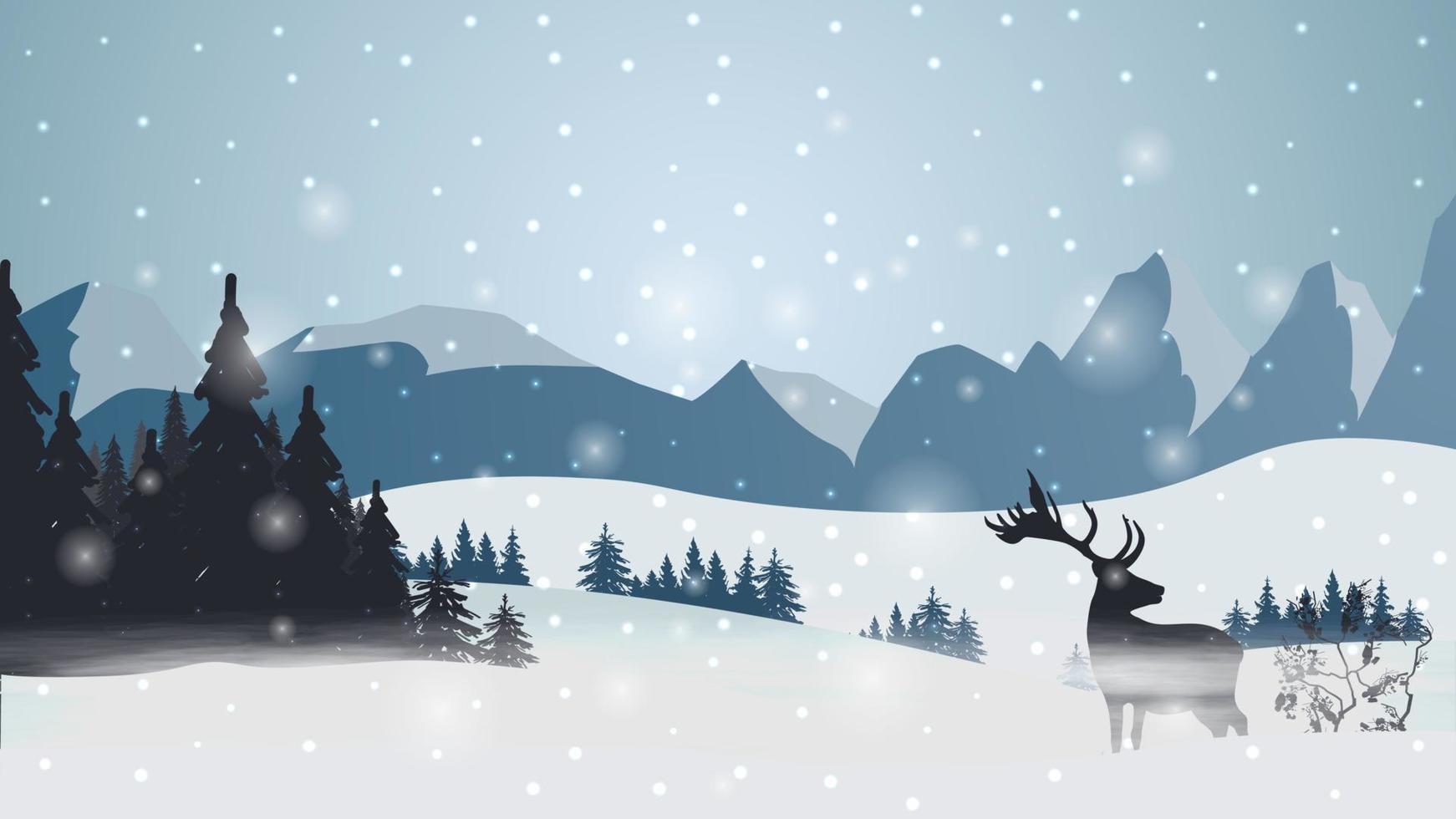Winter landscape with high mountains on the horizon, pines, forest, snow falling and silhouette of deer vector