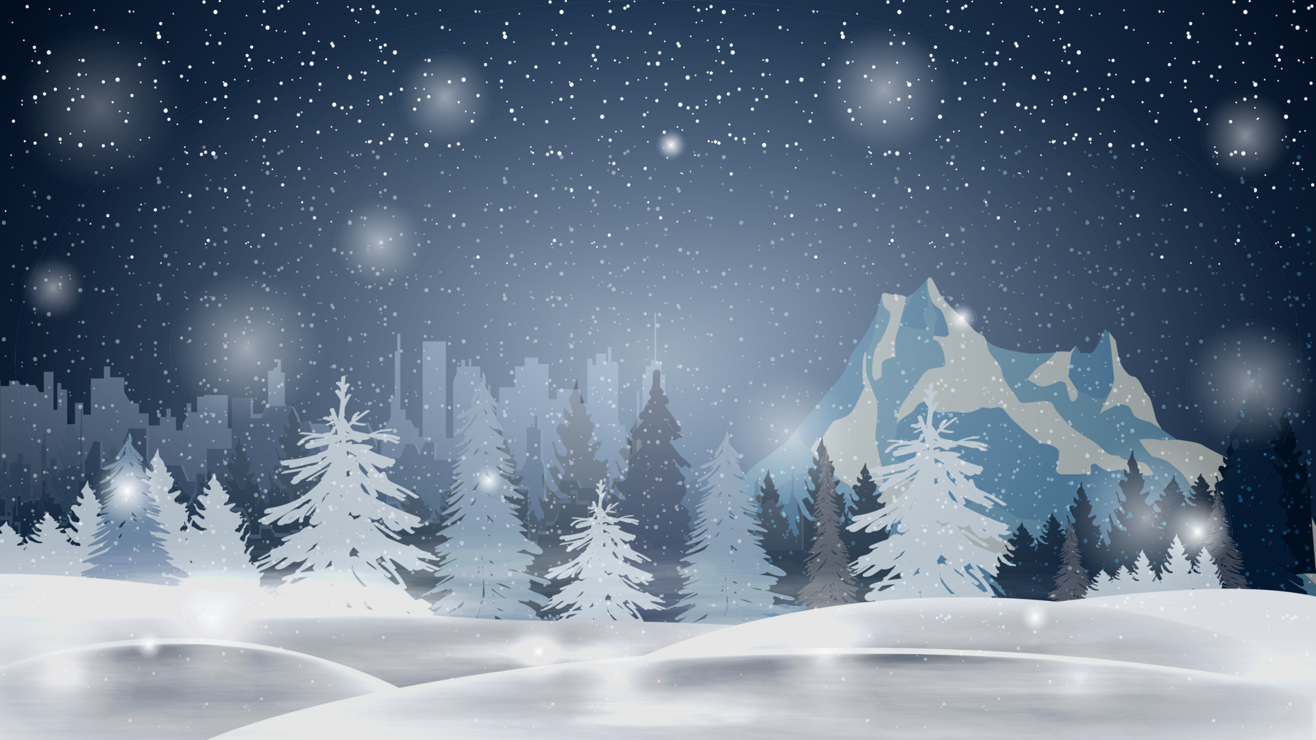 Cartoon winter landscape with pine forest, drifts, mountain and city on  horizont. Night winter landscape with snowfall 4371985 Vector Art at  Vecteezy