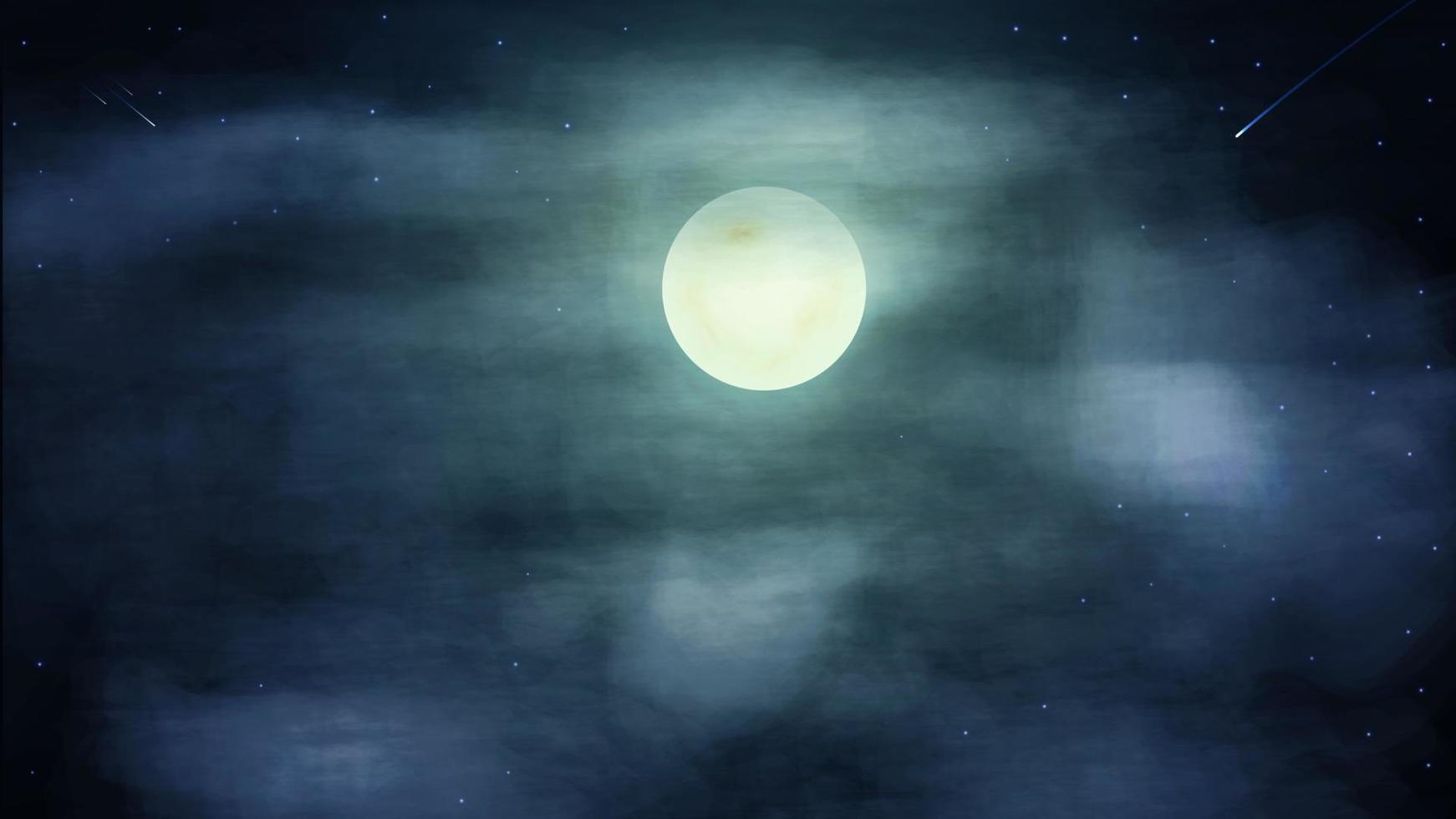 Night dark and blue sky with big full moon in clouds, vector photorealistic illustration