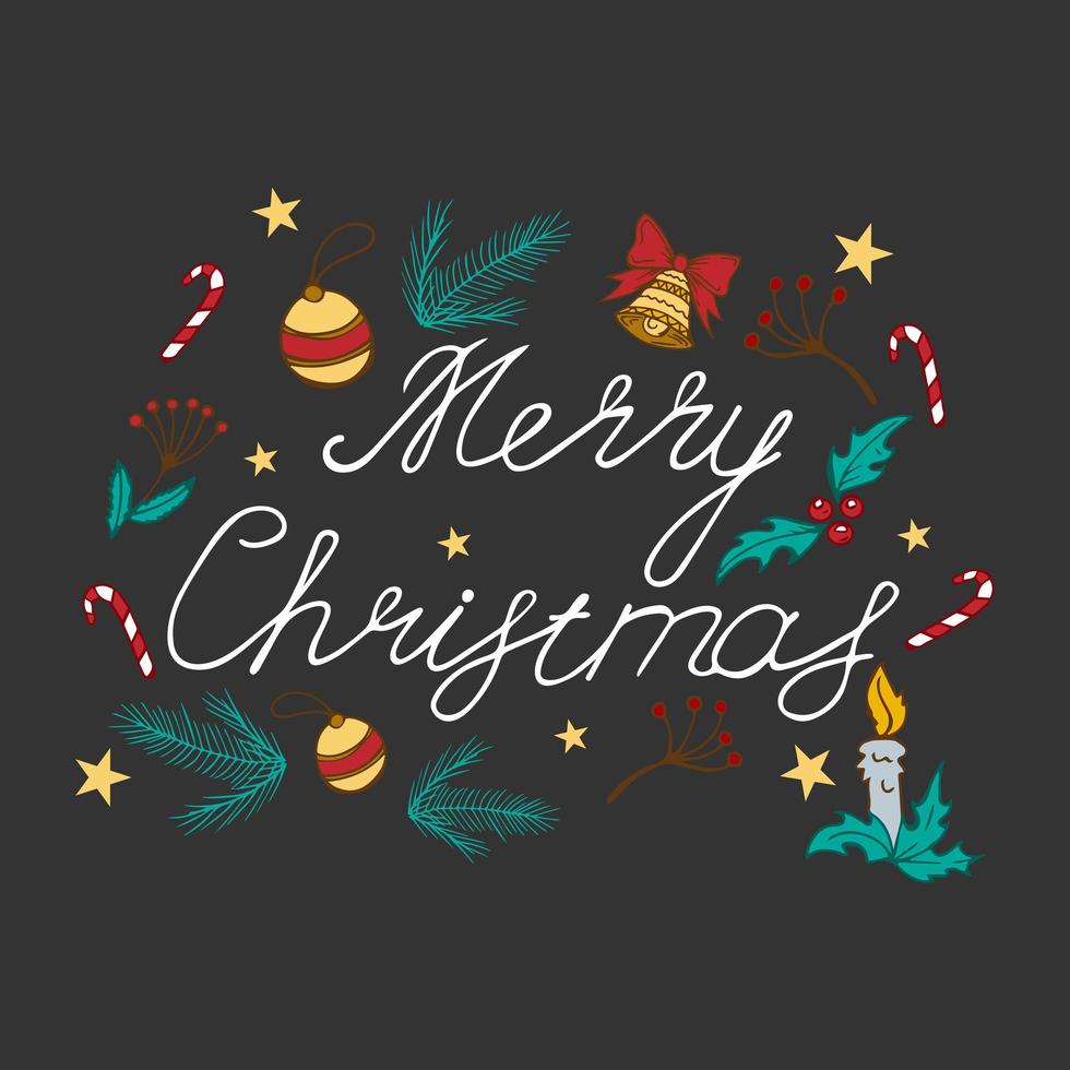 Merry Christmas calligraphy lettering isolated on dark web background with holiday elements - Vector