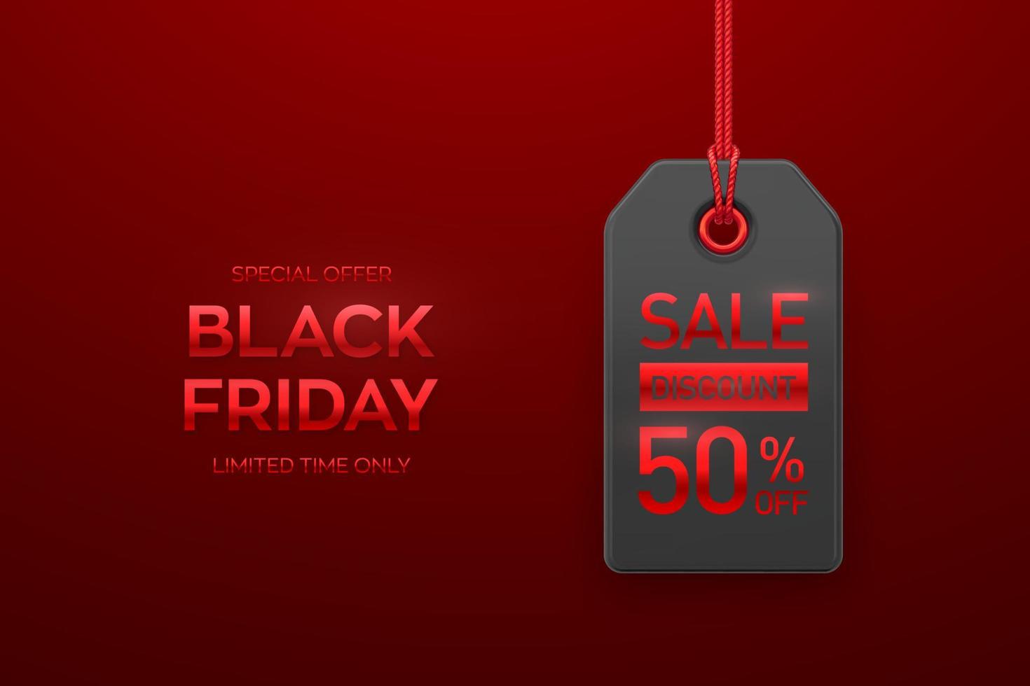 Black Friday sale price tag. Black tag hanging on red rope. Discount label on red background. Black friday design, advertising, marketing price tag. Realistic 3D vector illustration.