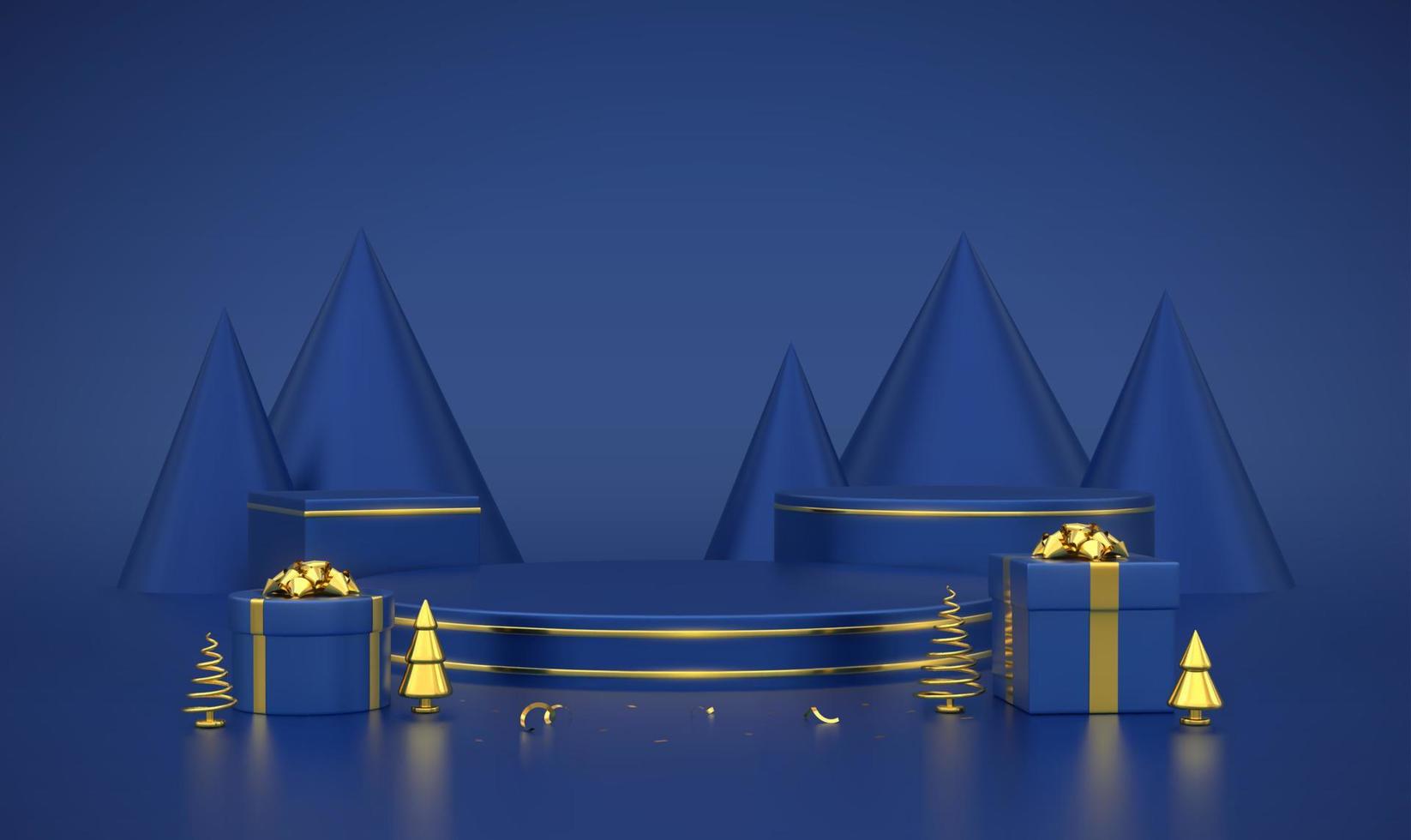 Blue round and cube podium. Scene and 3D platform with gold circle on blue background. Blank Pedestal with gift boxes with golden bow and golden metallic pine, cone spruce trees. Vector illustration.