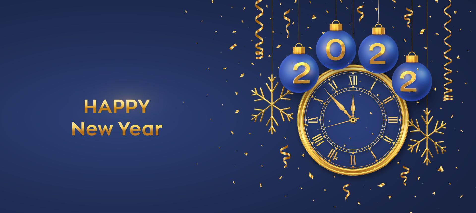 Christmas 2022 Countdown Happy New Year 2022. Hanging Blue Christmas Bauble Balls With Realistic  Gold 3D Numbers 2022 And Snowflakes. Watch With Roman Numeral And Countdown  Midnight, Eve For New Year. Merry Christmas. Vector. 4372013