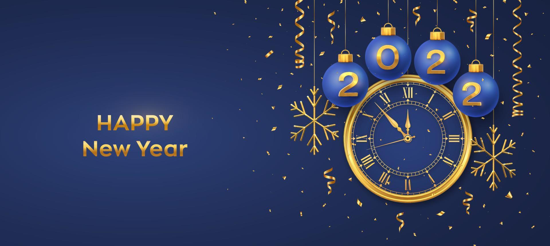 Happy New Year 2022. Hanging Blue Christmas bauble balls with realistic gold 3d numbers 2022 and snowflakes. Watch with Roman numeral and countdown midnight, eve for New Year. Merry Christmas. Vector. vector