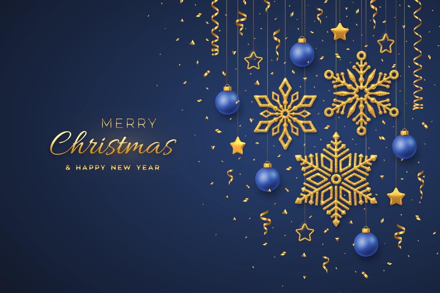 Fondo azul de Navidad con bolas y estrellas colgantes de copos de nieve dorados brillantes. feliz navidad tarjeta de felicitación. cartel de vacaciones de navidad y año nuevo, banner web. ilustración vectorial. vector