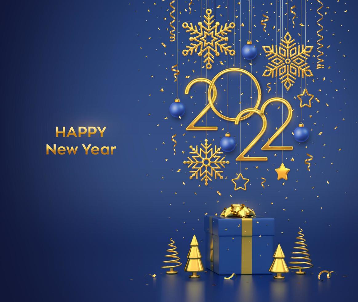 Happy New 2022 Year. Hanging golden metallic numbers 2022 with snowflakes, stars and balls on blue background. Gift box and golden metallic pine or fir, cone shape spruce trees. Vector illustration.
