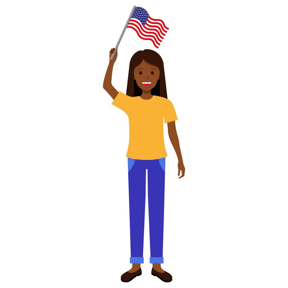 mujer morena negra con bandera americana. vector