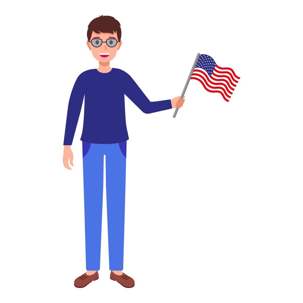 Brunette Men with glasses hold American flag. vector