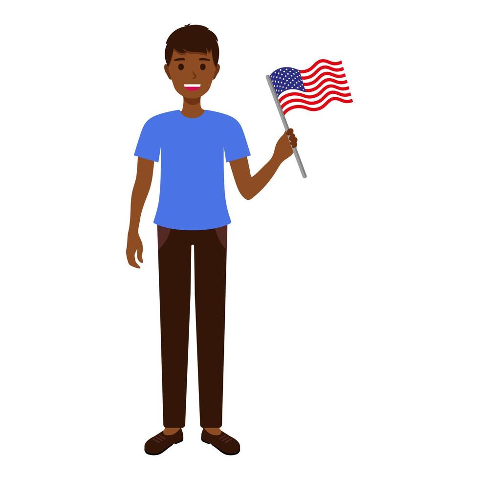 Black brunette men with American flag. vector