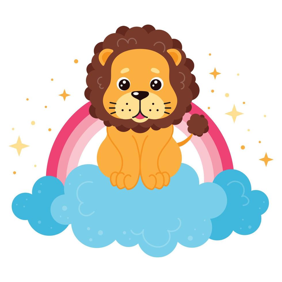 lindo cachorro de león sonriendo y sentado en nubes azules con arco iris y estrellas. rey de los animales de vida silvestre. vector