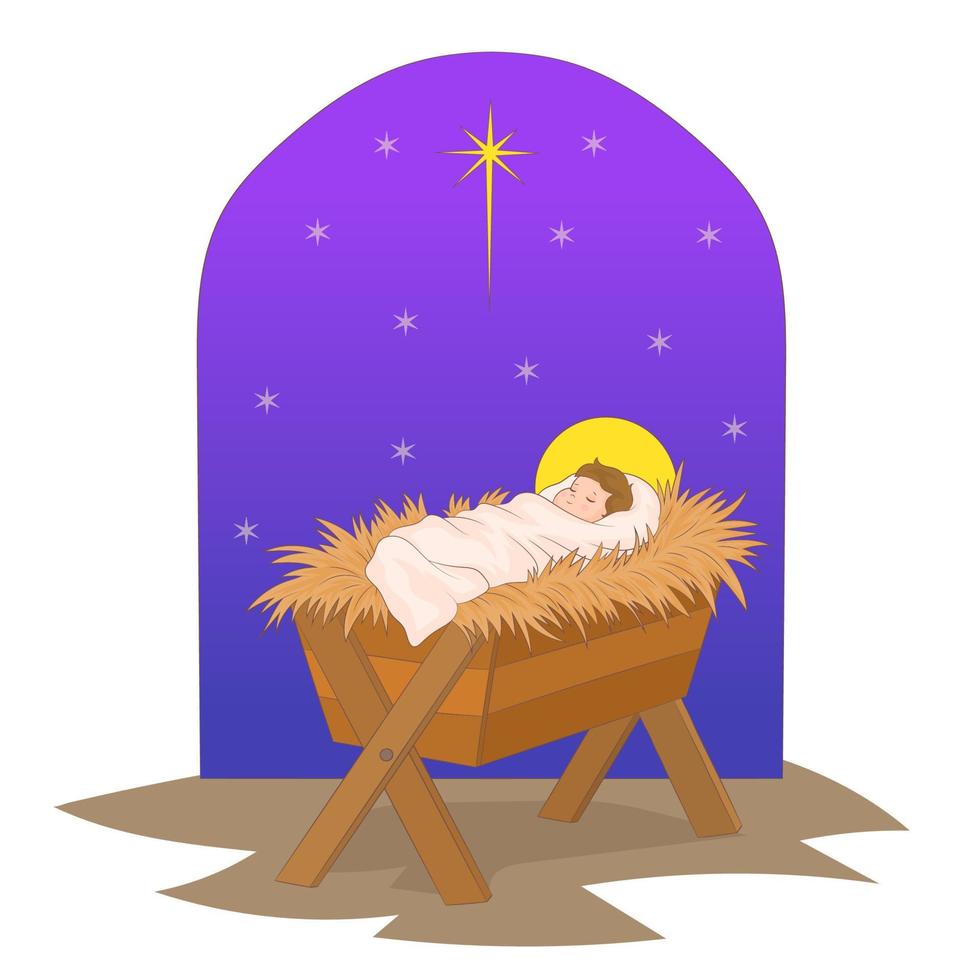 pequeño niño jesús en el pesebre y estrella de navidad vector