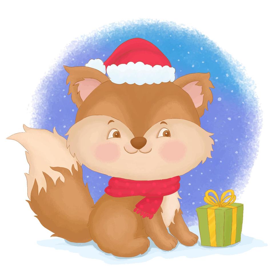 feliz lindo zorro con regalo de navidad y sombrero de santa claus vector