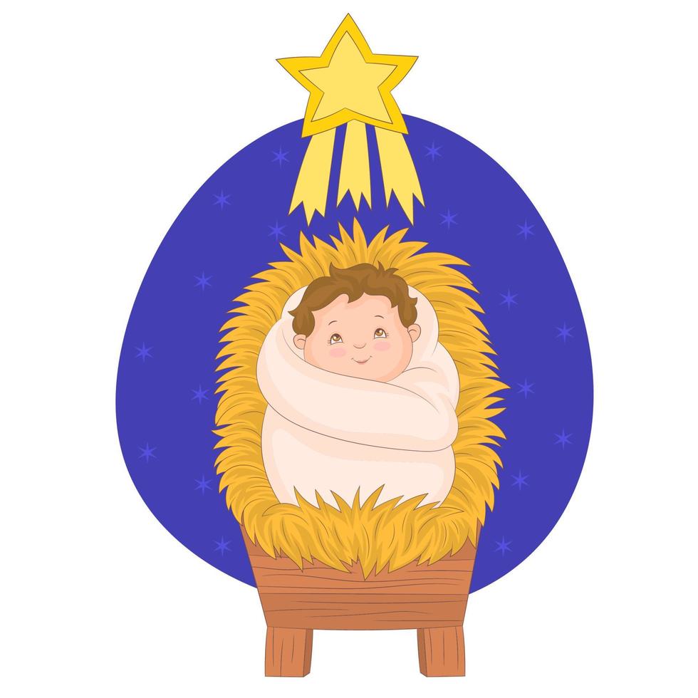 Little baby Jesus on the manger, looking the star, Christmas scene. vector