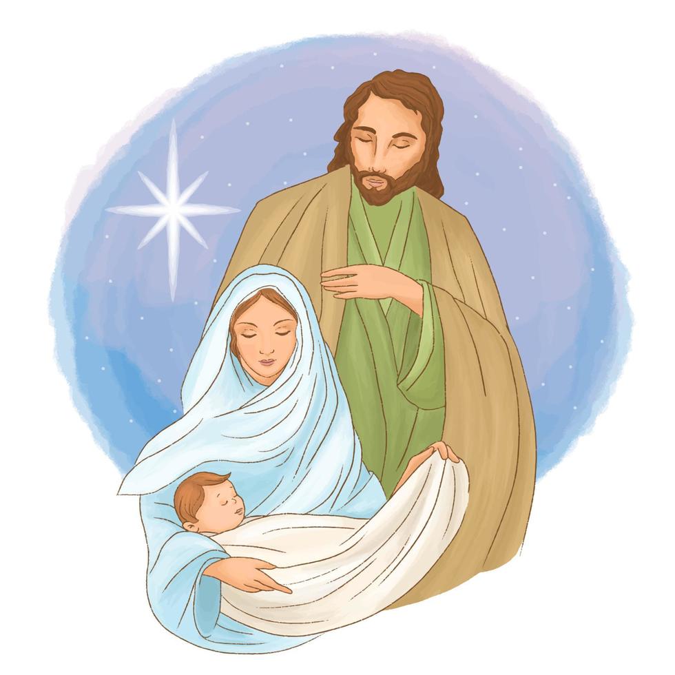 Christmas night scene with baby Jesus, Mary and Joseph vector