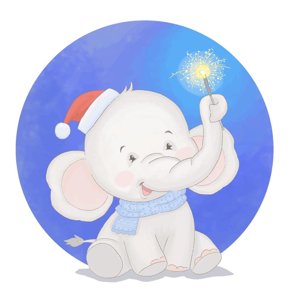 Little baby elephant with Christmas firework and Santa hat vector