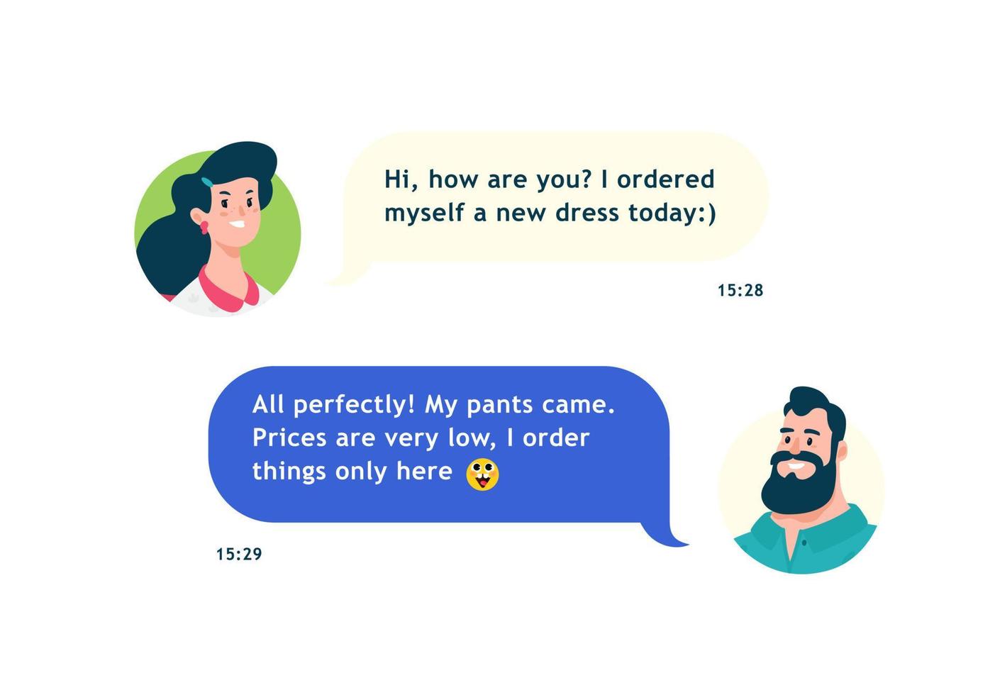 Chat avatars of a guy and a girl. Communication characters, interface elements. Layout for design projects. Chat and sent text messages. Husband and wife lead a freeloader through the messenger. vector