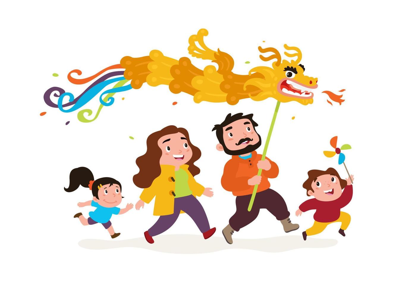 la familia va con el dragón. vector. personajes divertidos papá, mamá y niños van a celebrar el año nuevo chino. logo para una tienda de juguetes. pegatina, icono del proyecto. vector