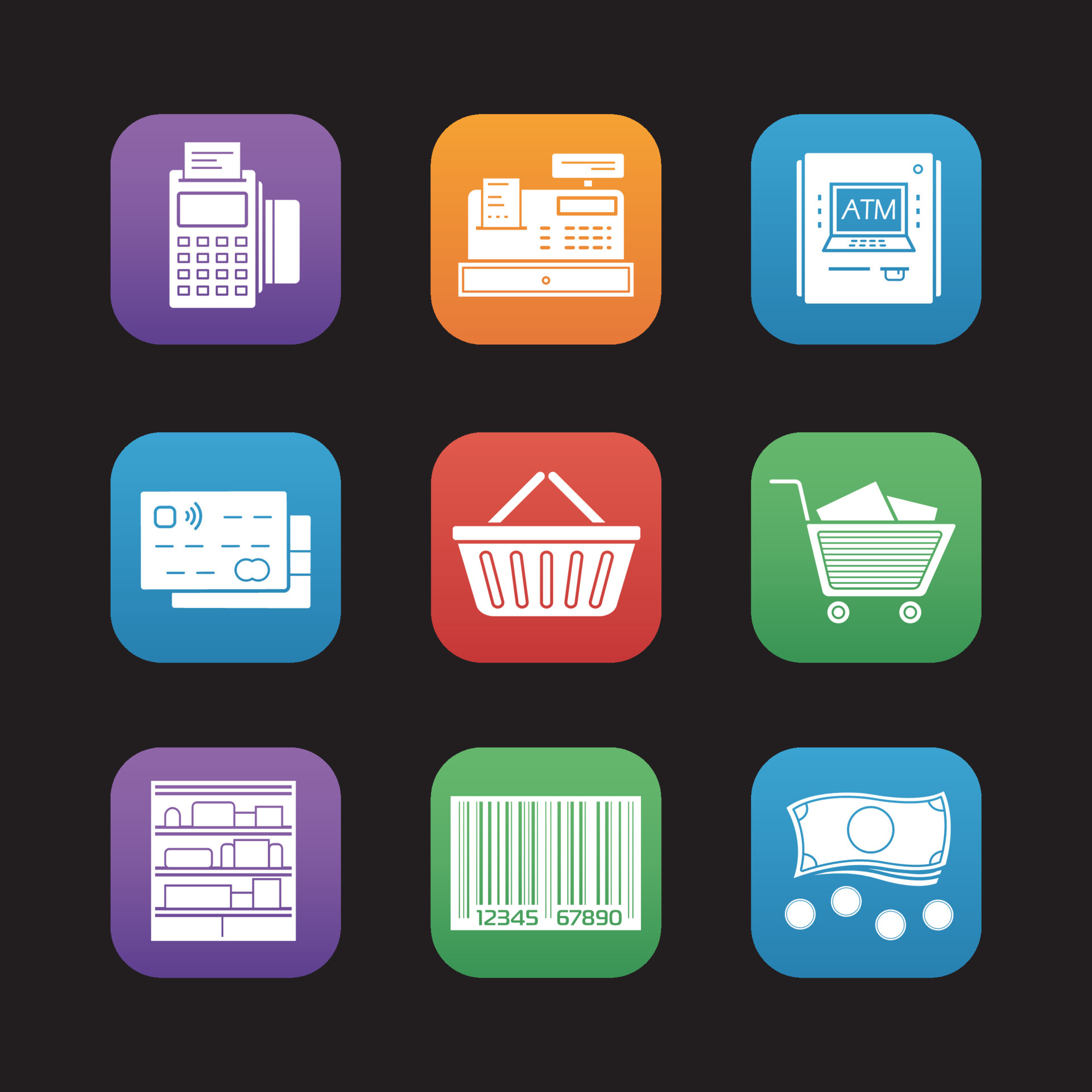 Supermarket shopping flat design icons set. Pos terminal, cash register