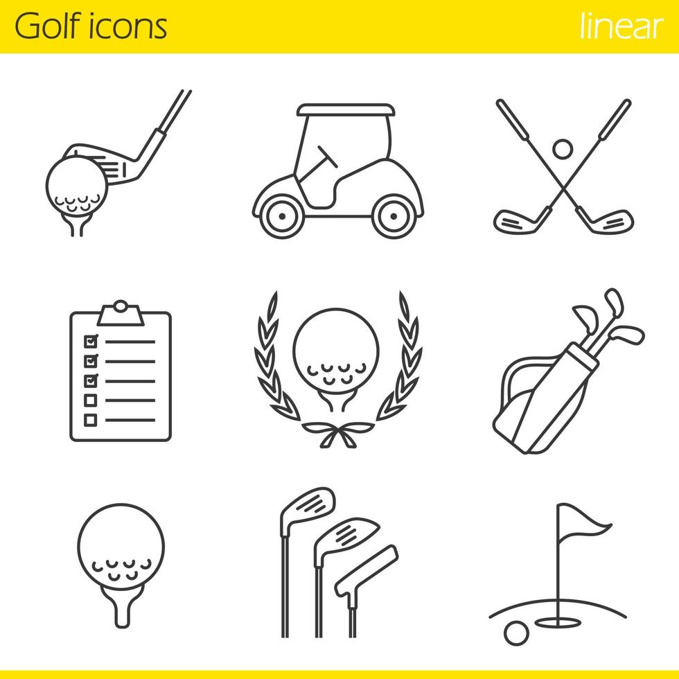 conjunto de iconos lineales de golf. equipo de golf. bola en el tee, carro, palos, lista de verificación del golfista, símbolo del campeonato, bolsa, campo, asta de bandera en el hoyo. linea fina. ilustraciones vectoriales aisladas vector