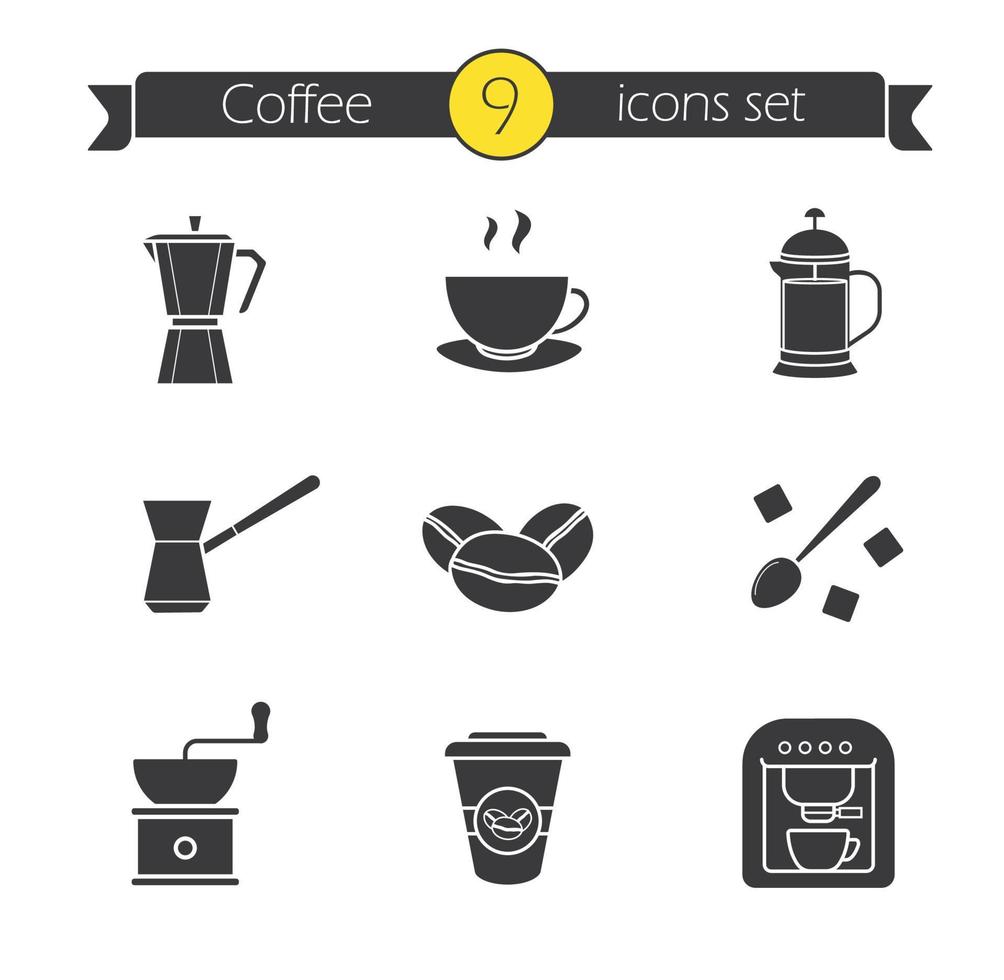 Coffee icons set. Espresso machine, classic coffee maker, steaming mug on plate, french press, turkish cezve, spoon with sugar cubes, hand mill vector