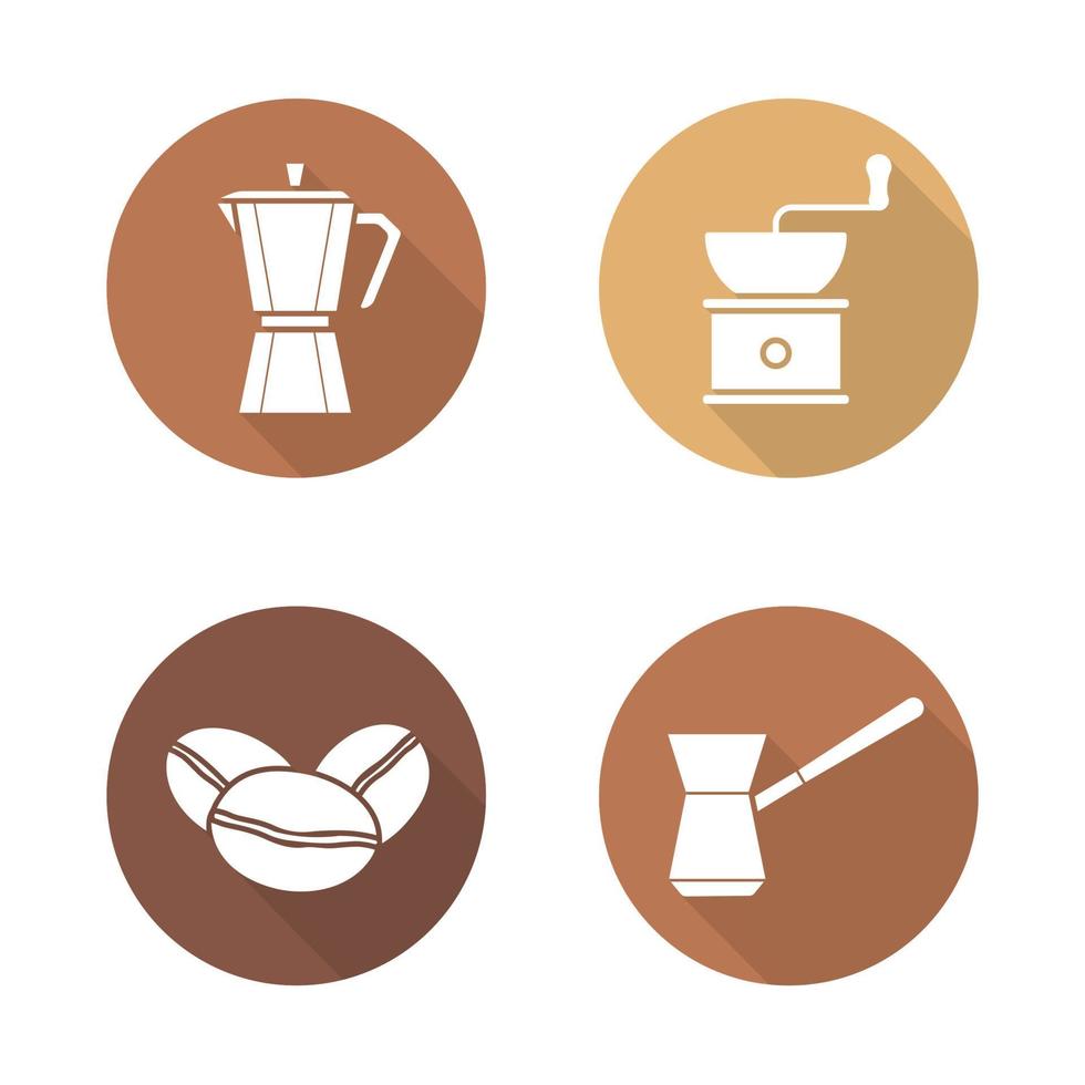 Coffee brewing equipment flat design long shadow icons set. Moka pot, classic coffee maker, turkish cezve, grinder and beans. Vector silhouette illustration