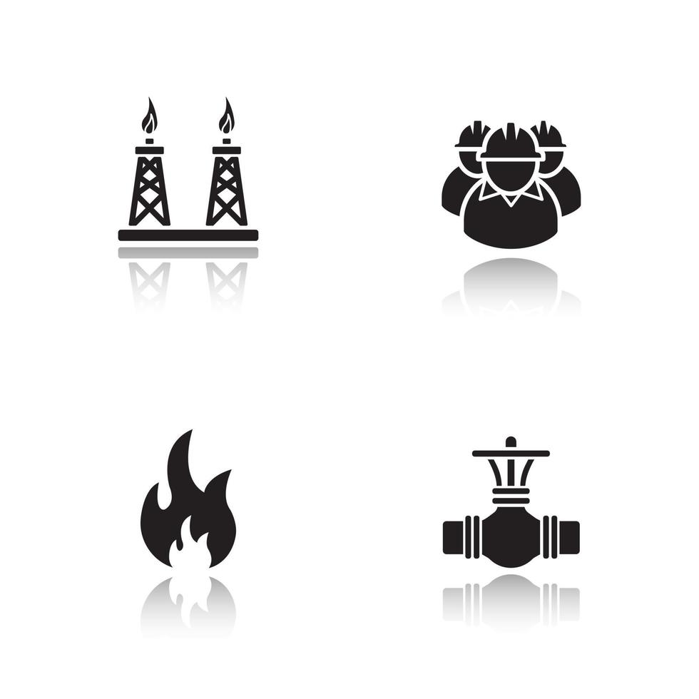 Gas industry drop shadow black icons set. Industrial workers, pipeline valve, flammable sign, gas platform. Isolated vector illustrations