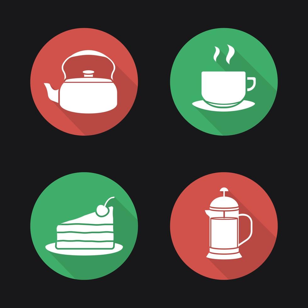 Tea and coffee flat design long shadow icons set. Kettle, steaming cup on plate, chocolate cake, french press. Vector symbols