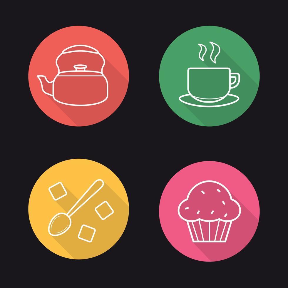 Tea flat linear long shadow icons set. Kettle, steaming cup on plate, refined sugar cubes with spoon, muffin with raisins. Vector line symbols