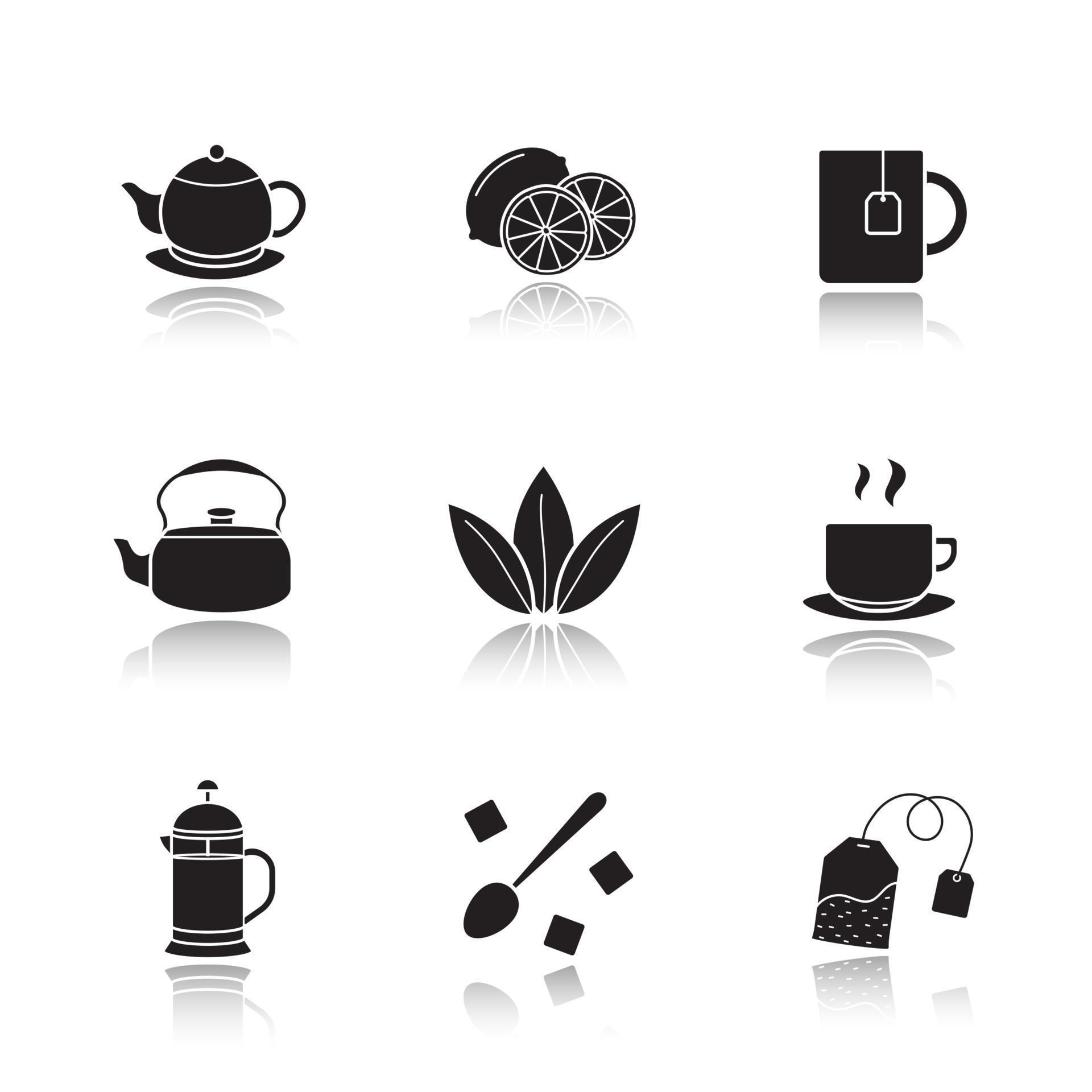 Tea drop shadow black icons set. Cutted lemon, steaming cup on plate