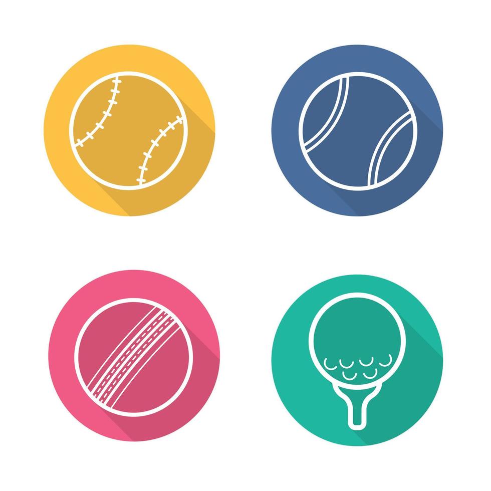 Conjunto de iconos de larga sombra lineal plana de bolas de juego de deporte. béisbol, tenis, cricket y pelota de golf en el tee. equipo de deporte. símbolos de línea vectorial vector