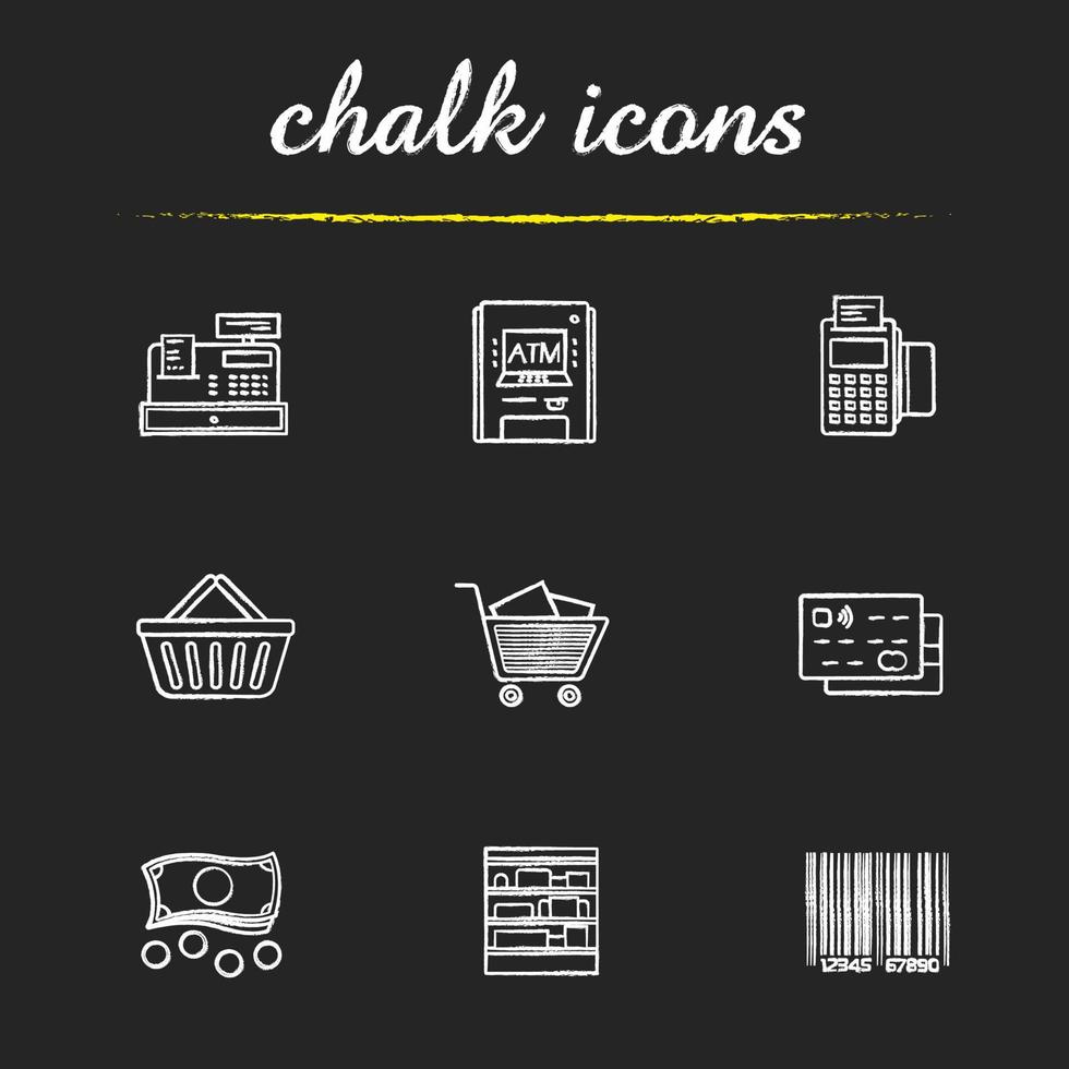 Supermarket chalk icons set. Grocery store. Pos terminal, cash register, atm machine, credit card, shopping basket and cart, shop shelves, barcode, cash. Isolated vector chalkboard illustrations