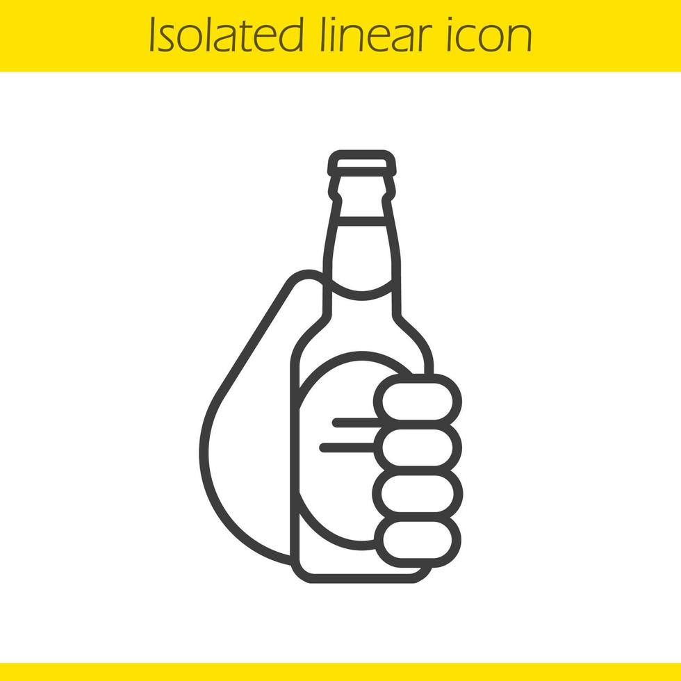 Hand holding beer bottle linear icon. Cheers. Thin line illustration. Toasting hand with beer. Contour symbol. Vector isolated outline drawing