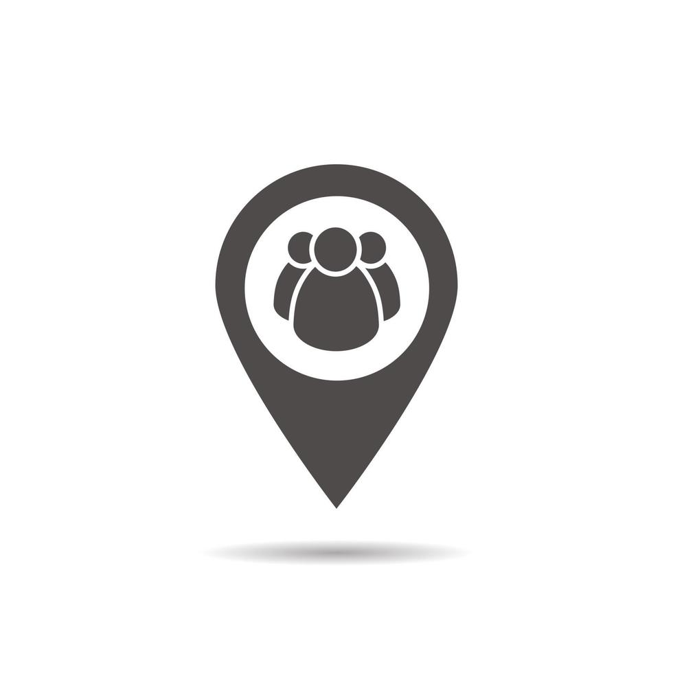 Meeting point location icon. Friends nearby. Drop shadow gps mark silhouette symbol. Group of people inside pinpoint. Negative space. Vector isolated illustration