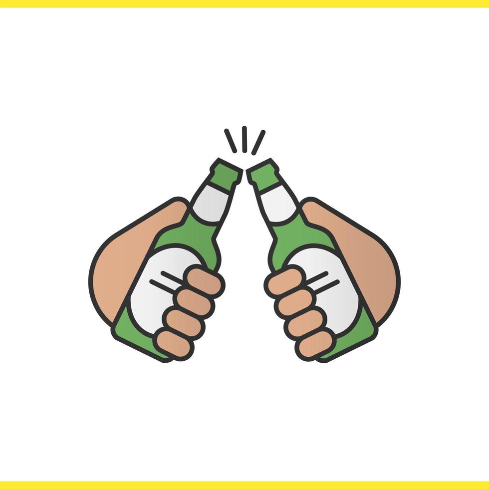 Toasting beer bottles color icon. Cheers. Hands holding beer bottles. Isolated vector illustration