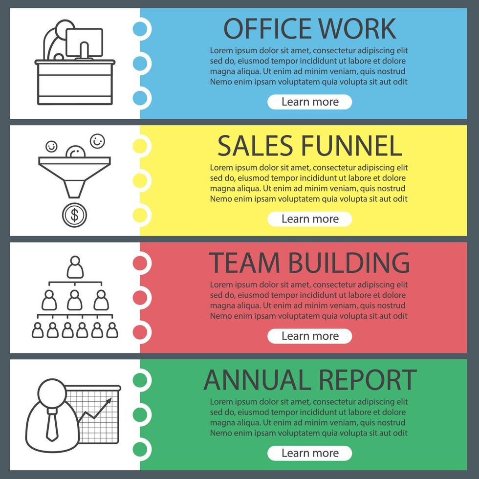 Business banner templates set. Easy to edit. Office manager, sales funnel, company hierarchy, presentation with graph. Website menu items. Color web banner. Vector headers design concepts