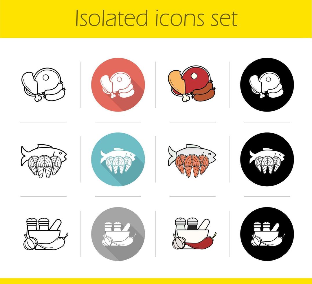 Food categories icons set. Flat design, linear, black and color styles. Grocery store products. Meat, seafood, spices. Isolated vector illustrations