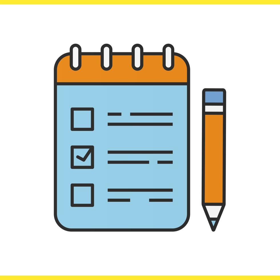 To do list with pencil color icon. Notebook with tick mark. Notepad. Isolated vector illustration