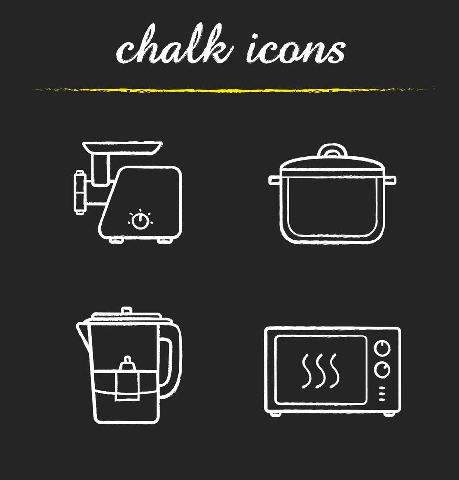 Kitchenware chalk icons set. Electric meat mincer, saucepan, water filter, microwave oven. Isolated vector chalkboard illustrations