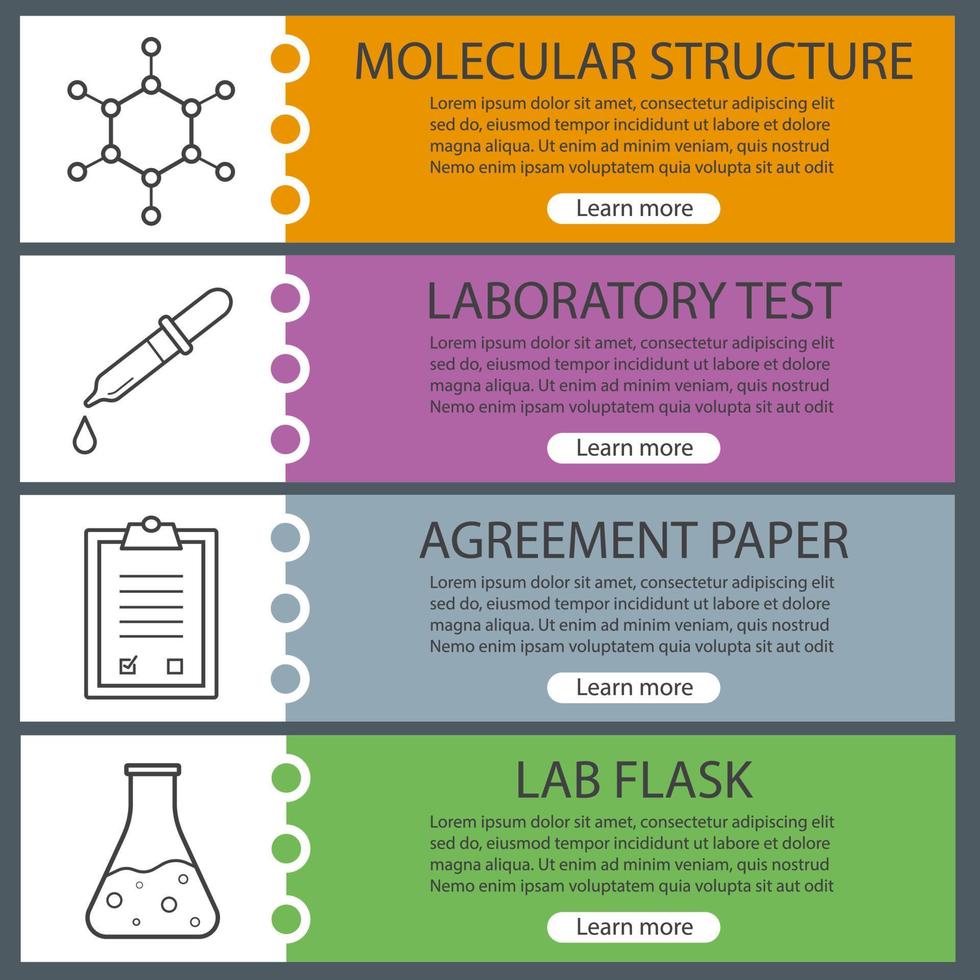 Science lab banner templates set. Easy to edit. Pipette with drop, beaker, molecular structure and lab clipboard. Website menu items with linear icons. Color web banner. Vector headers design concepts