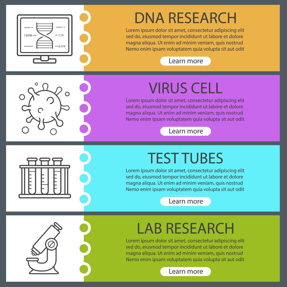 conjunto de plantillas de banner de laboratorio biológico. fácil de editar. célula de virus, tubos de ensayo de laboratorio, microscopio, investigación de adn. elementos del menú del sitio web. banner web en color. conceptos de diseño de encabezados vectoriales vector