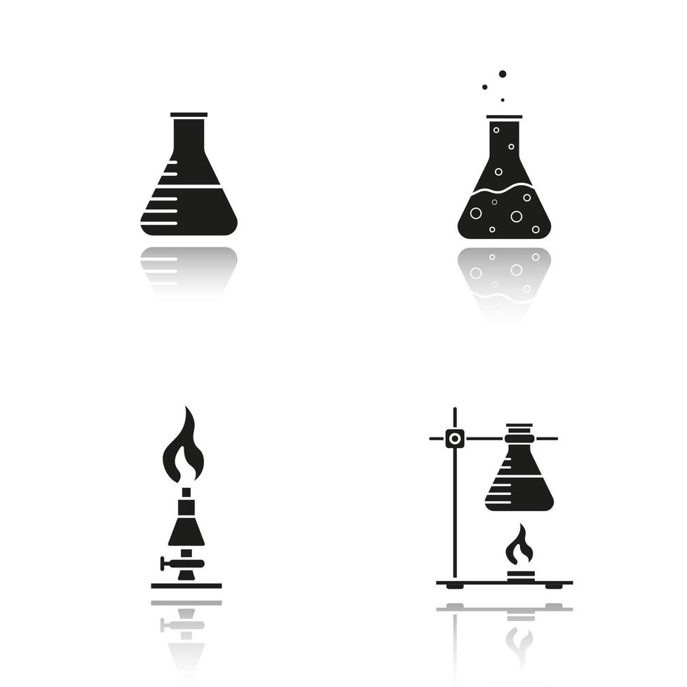 School chemistry lab equipment drop shadow black icons set. Beaker with liquid, ring stand with flask, laboratory burner, chemical reaction. Isolated vector illustrations