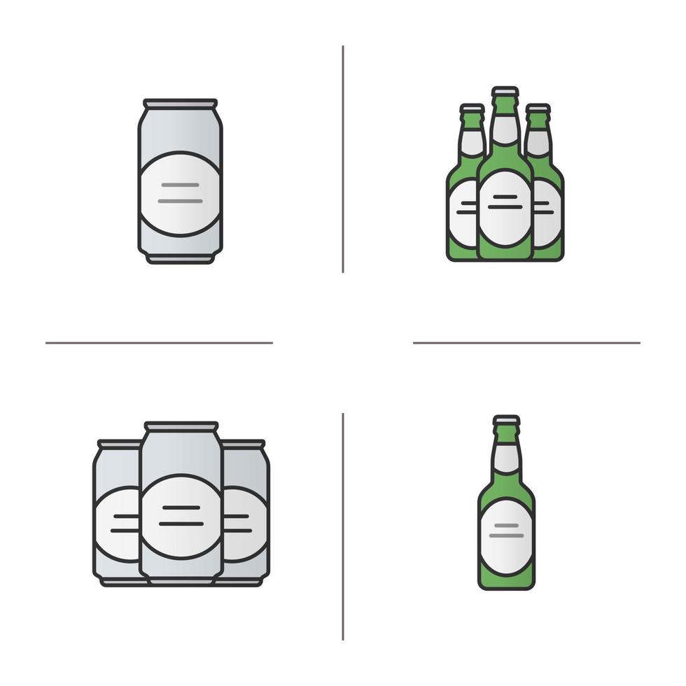 Beer color icons set. Beer bottles and cans. Isolated vector illustrations