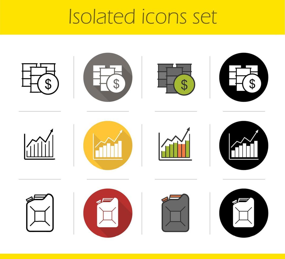 Oil market icons set. Flat design, linear, black and color styles. Oil barrels trade, price growth chart, petrol jerrycan. Isolated vector illustrations