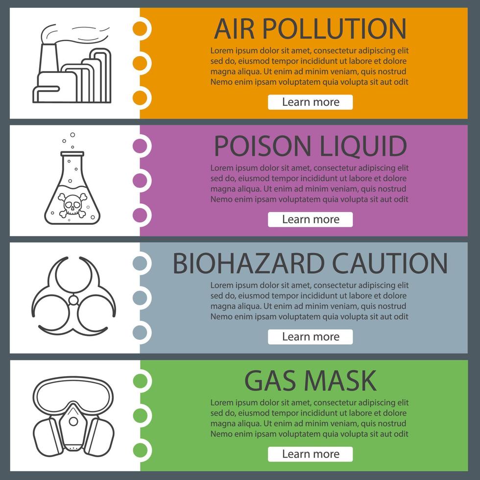 Conjunto de plantillas de banner de contaminación industrial. fácil de editar. fábrica con humo, líquido venenoso, símbolo de riesgo biológico, máscara de gas. elementos del menú del sitio web. banner web en color. conceptos de diseño de encabezados vectoriales vector