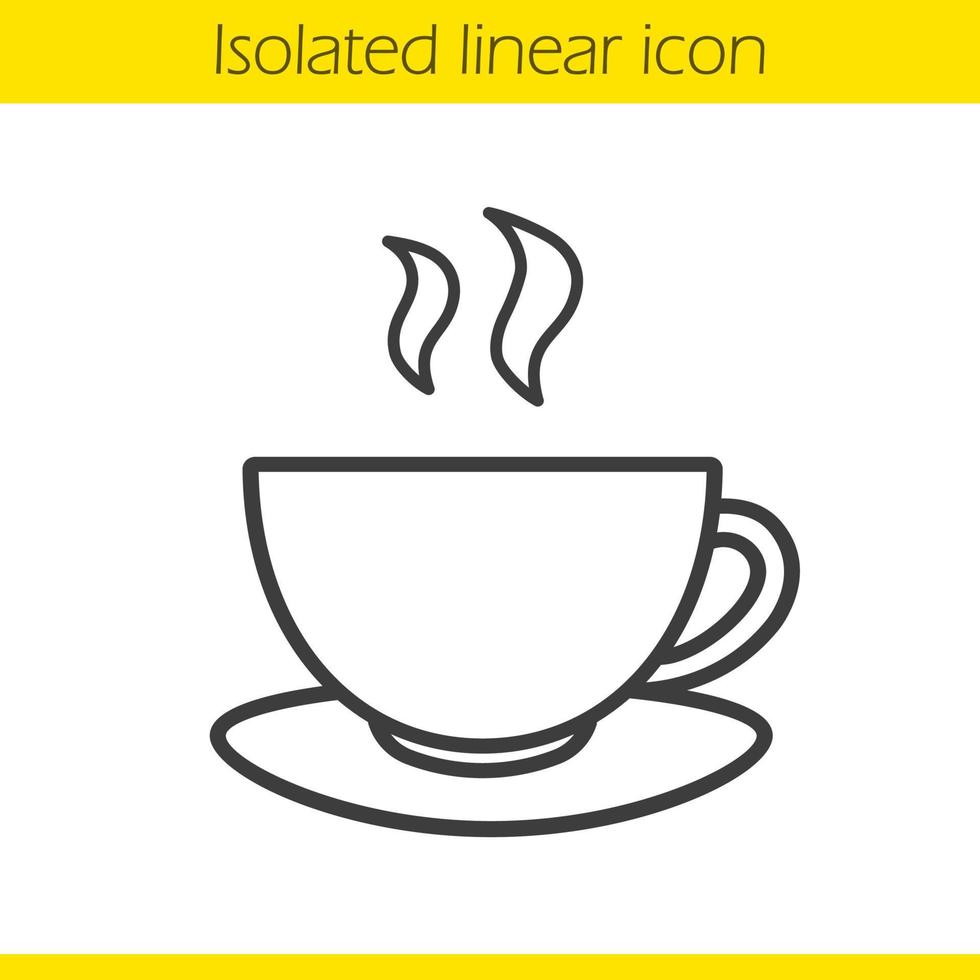 Steaming cup linear icon. Teacup thin line illustration. Hot steaming mug on plate contour symbol. Vector isolated outline drawing